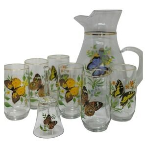 VTG West Virginia Glass Monarch Butterfly Pitcher & 6 Glasses MCM Set of 8 Decor